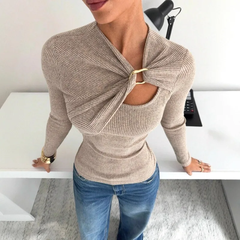 Elegant Women's Spring Autumn Knitted Base Layer Pure Color Asymmetric Collar Metal Buckle Decoration Long Sleeve Women T-Shirt