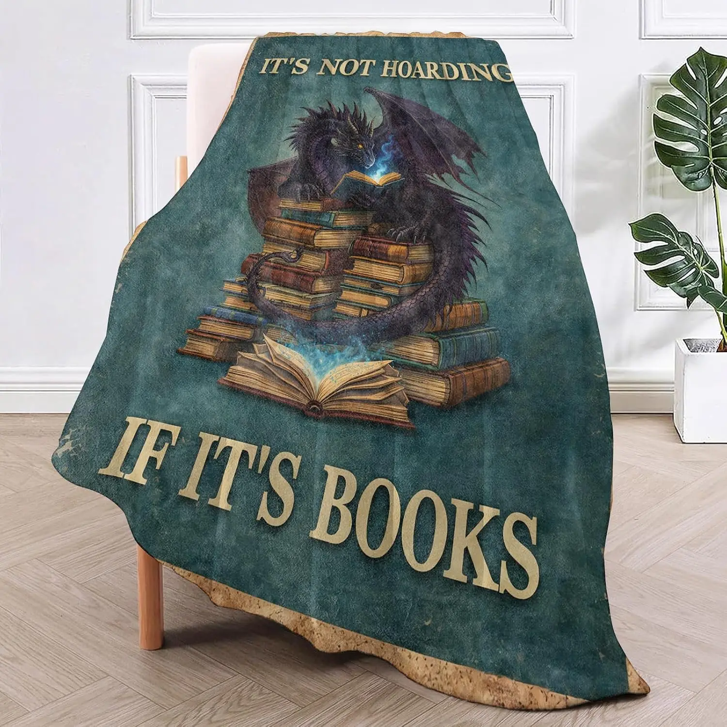 Cozy Flannel Throw Blanket for Home Decor Featuring Dragon and Books Fantasy Art Plush Throw Couch Gift Reading Nook Winter Deco