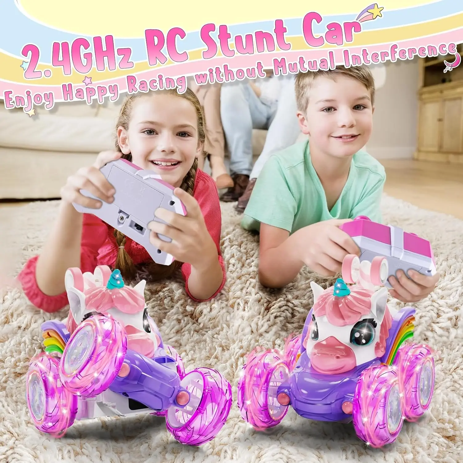 Carro de controle remoto Unicórnio para meninas, 360 °   Carros RC dublê giratórios 4WD com luzes fofas, brinquedos recarregáveis - presentes de aniversário para crianças