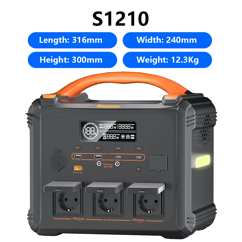 [Wyśłane z Europy] Przenośna stacja zasilania Newsmy S1210 o pojemności 1102,5 Wh, bateria LiFePO4 z ponad 2500 cyklami ładowania, moc znamionowa 2000 W, 12 portów wyjściowych, inteligentny (Srebrny) — Zdjęcie 2 z 2