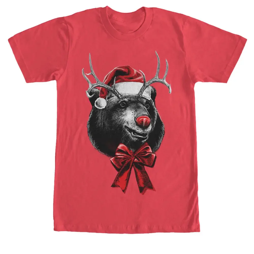 

Funny Reindeer antler-Bear Merry Christmas Graphic T-Shirt 100% Cotton O-Neck Summer Short Sleeve Casual Mens T-shirt Size S-3XL