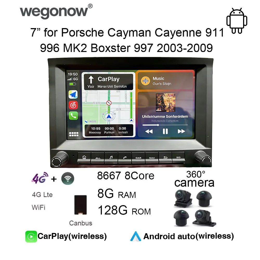 

Автомагнитола Wegonow 7 дюймов IPS с Carplay и Android 13 для Porsche Cayman, Cayenne, 911, 996 MK2, Boxster 997 (2003-2009), GPS, медиаплеер, видеоплеер