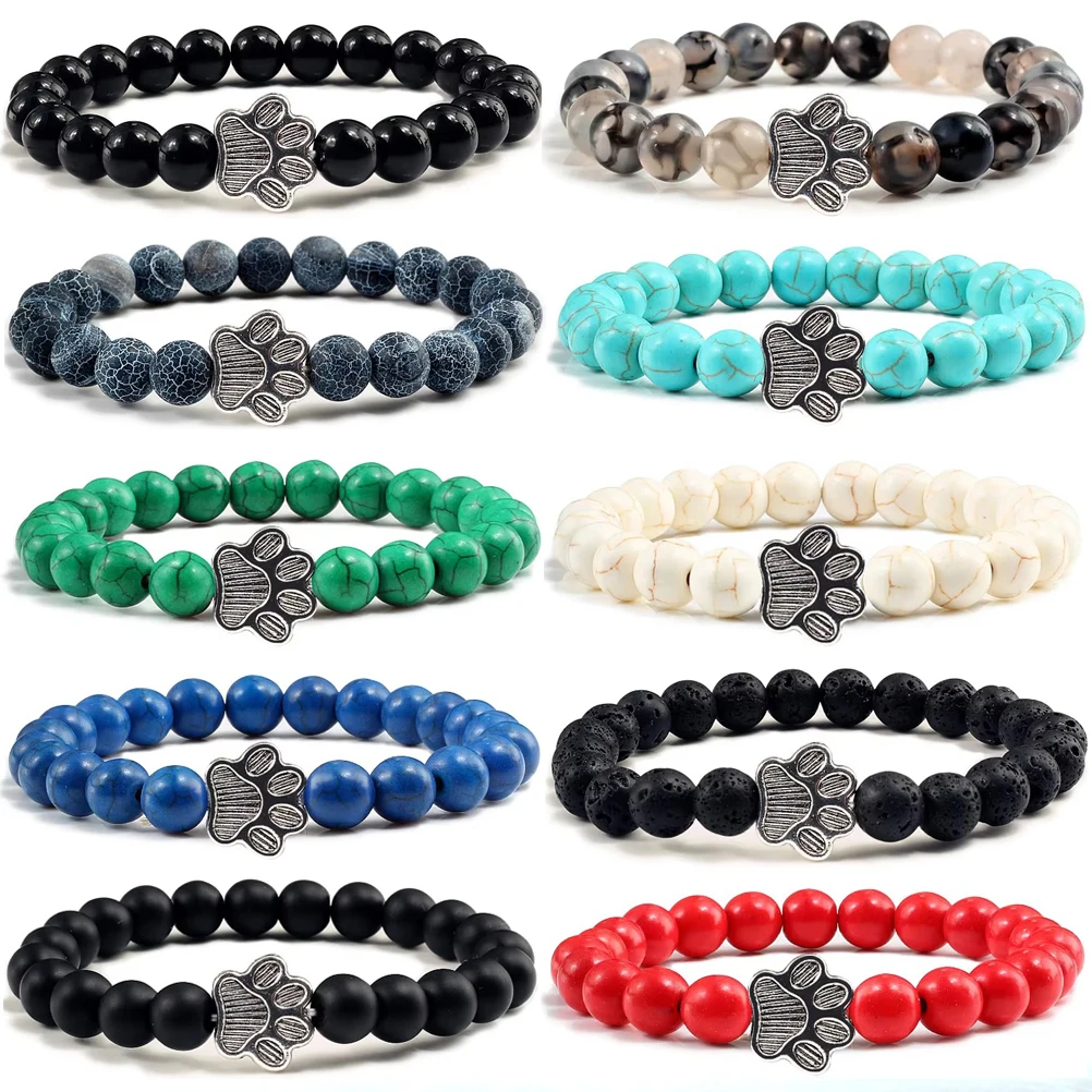Cat Paw Print Charm Bracelet Women Men Natural Black Lava Volcanic Stone Bracelet Friends Lovers Femme Pet Memorial Jewelry Gift