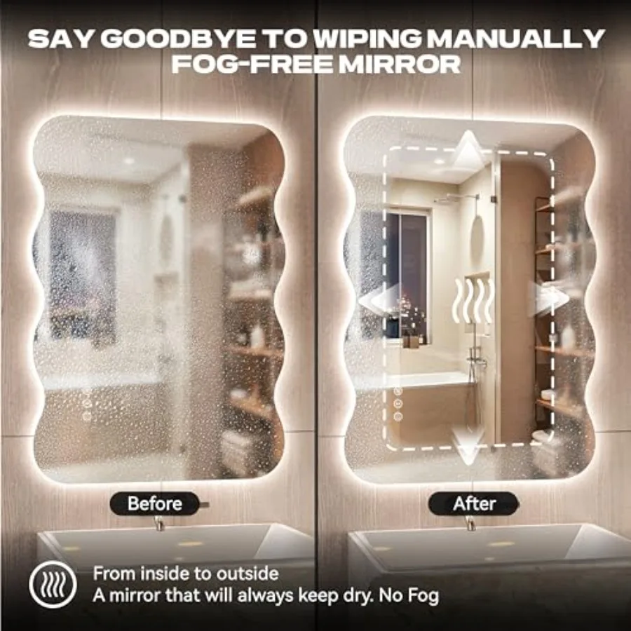 Wavy Full Length Mirror with Lights - 28"×20" LED Wavy Floor Mirror Frameless Dimmable Standing or Vertical/Horizontal Wall-Mou view 4