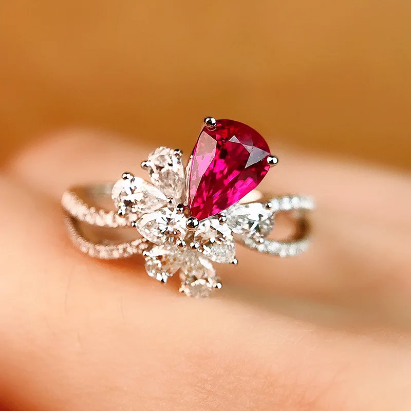 High-end Jewelry Imitation Pigeon Red Gemstone Ring Female 925 Silver Jewelry Banquet Wedding Cocktail Dance Jewelry Gift