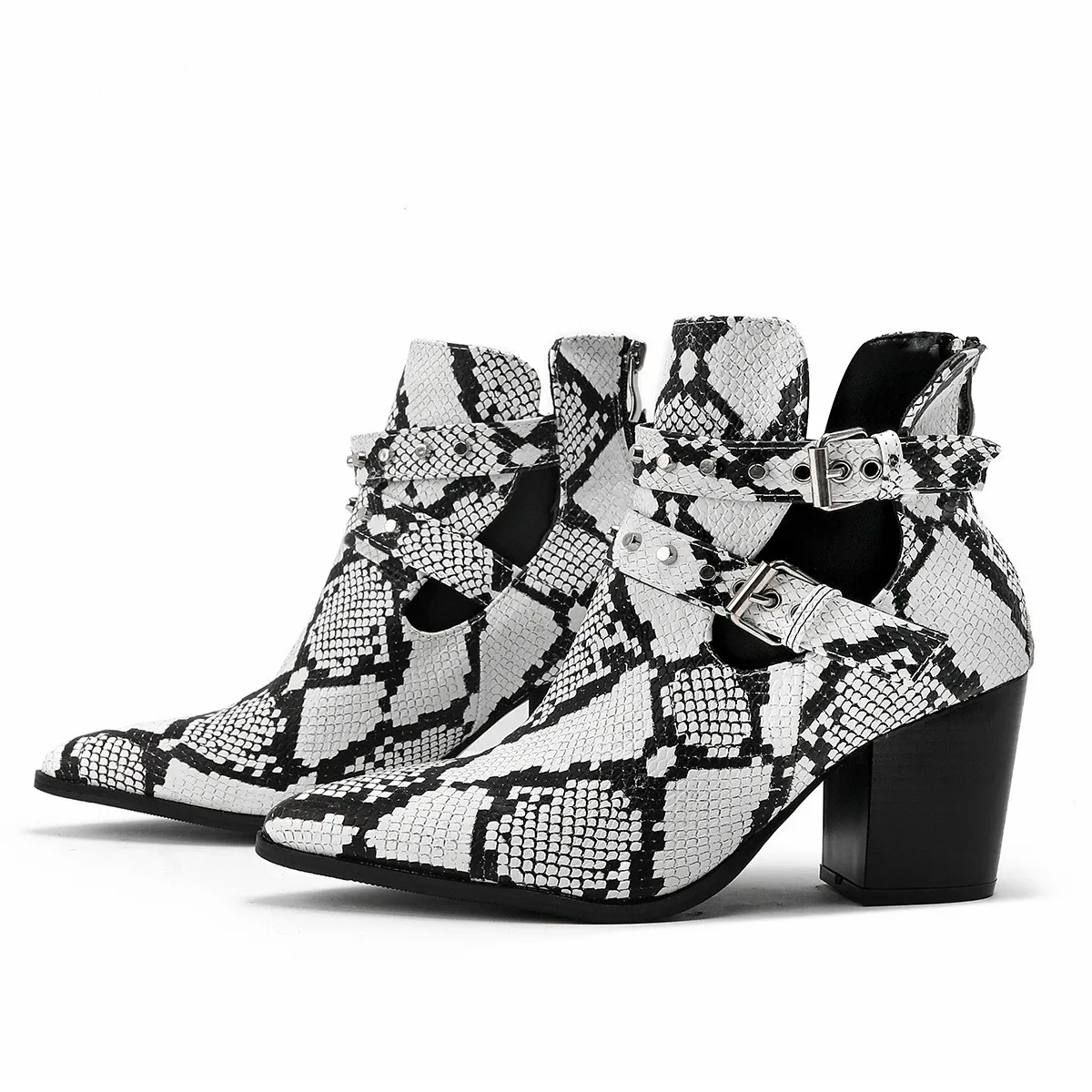 

British Style Metal Belt Buckle Snake Pattern Locomotive Boots High Heel Short Pointed Knight Boots Sexy Women's Boots 36&43