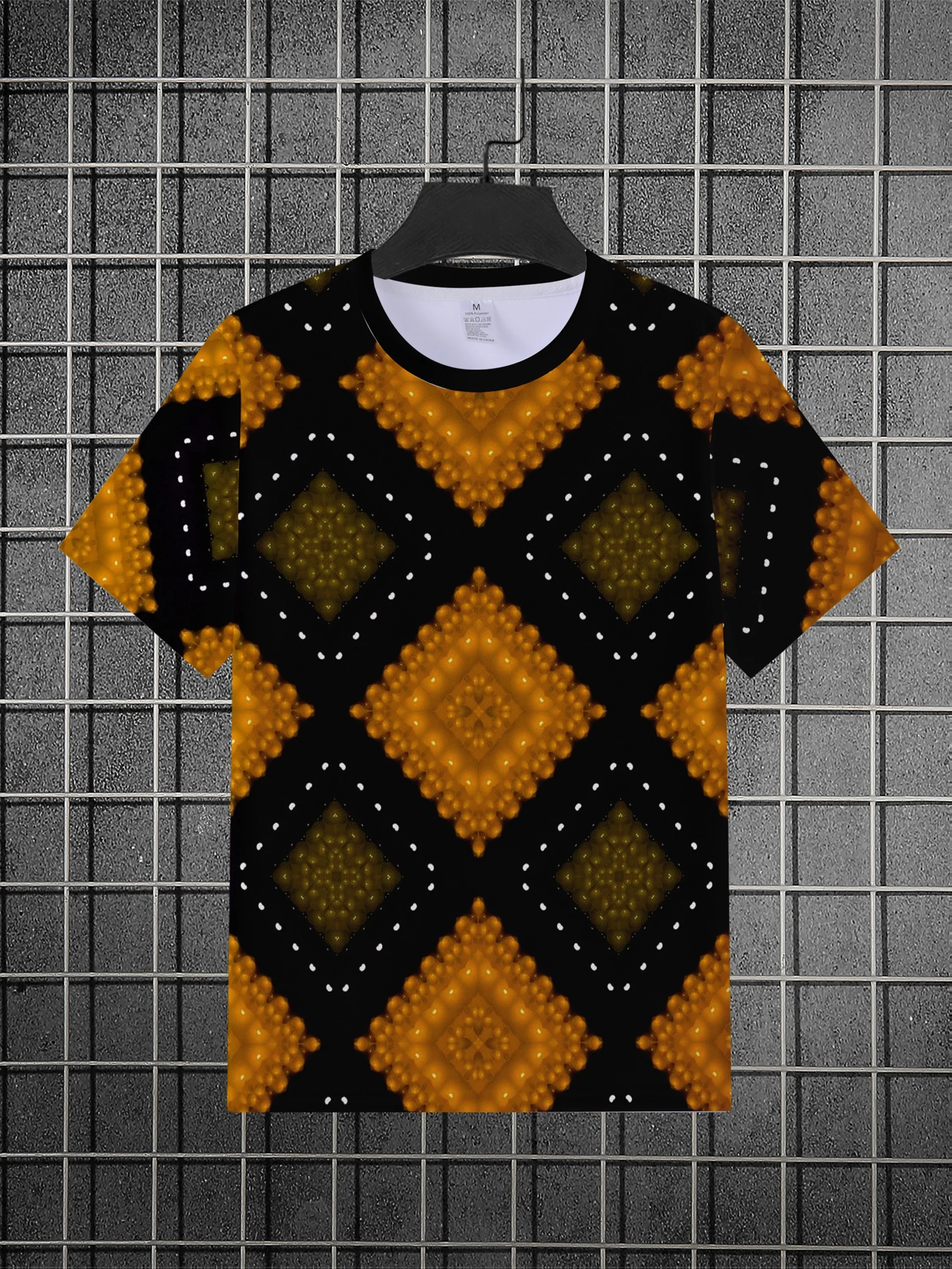 Men's 3D Diamond Print T-Shirt Black Gold Texture Crew Neck Short Sleeve Machine Washable Casual Top
