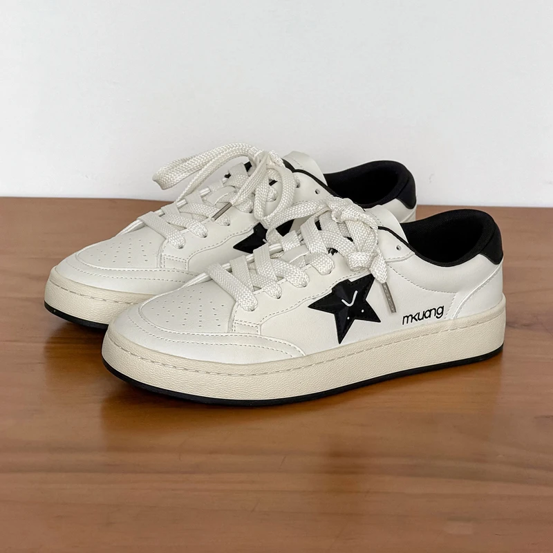 Men Star Skate Sneakers Pu Leather Lace‑Up Low‑Top White‑Black Contrast Non‑Slip Street Daily Walking Casual Mens Footwear