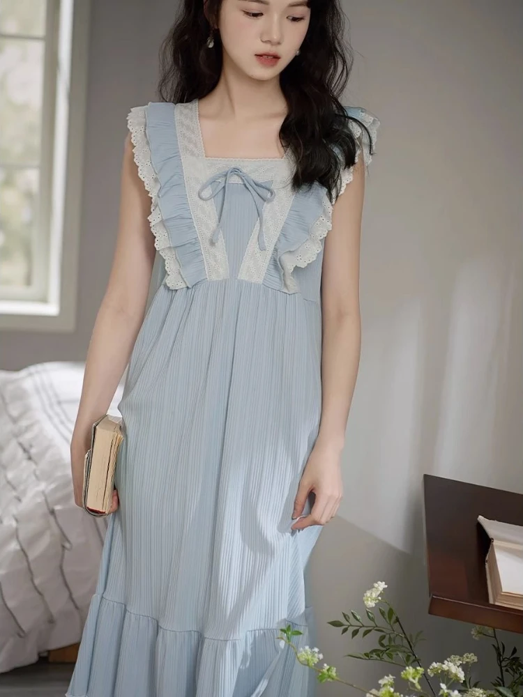 

Sweet Nightgowns Women Loose Lace Patchwork Girlish Home Ruffles Design Aesthetic Sleepwear Korean Fashion Breathable New Summer