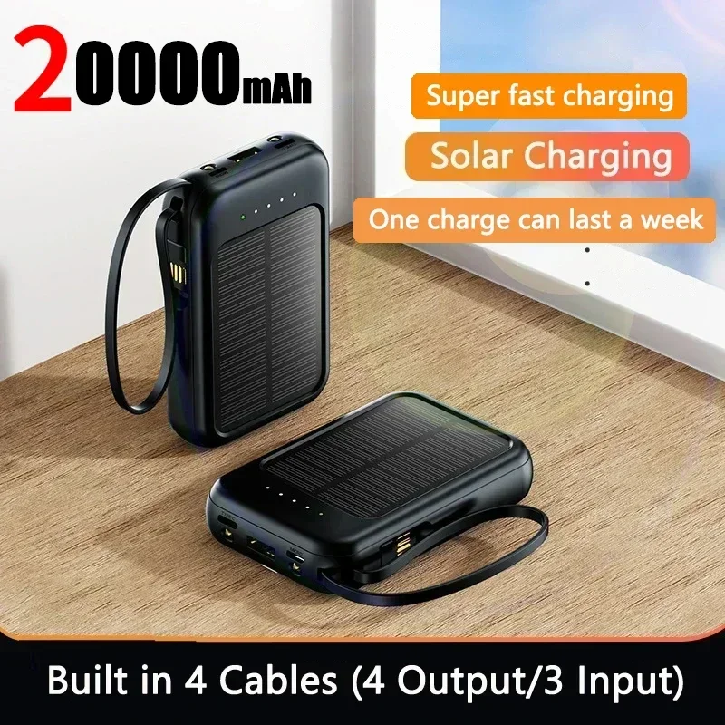 

20000mAh Solar Move Power Bank with Built-in 4-cables With Lanyard Portable Mini Super Fast Charging Suitable For iPhone Samsung