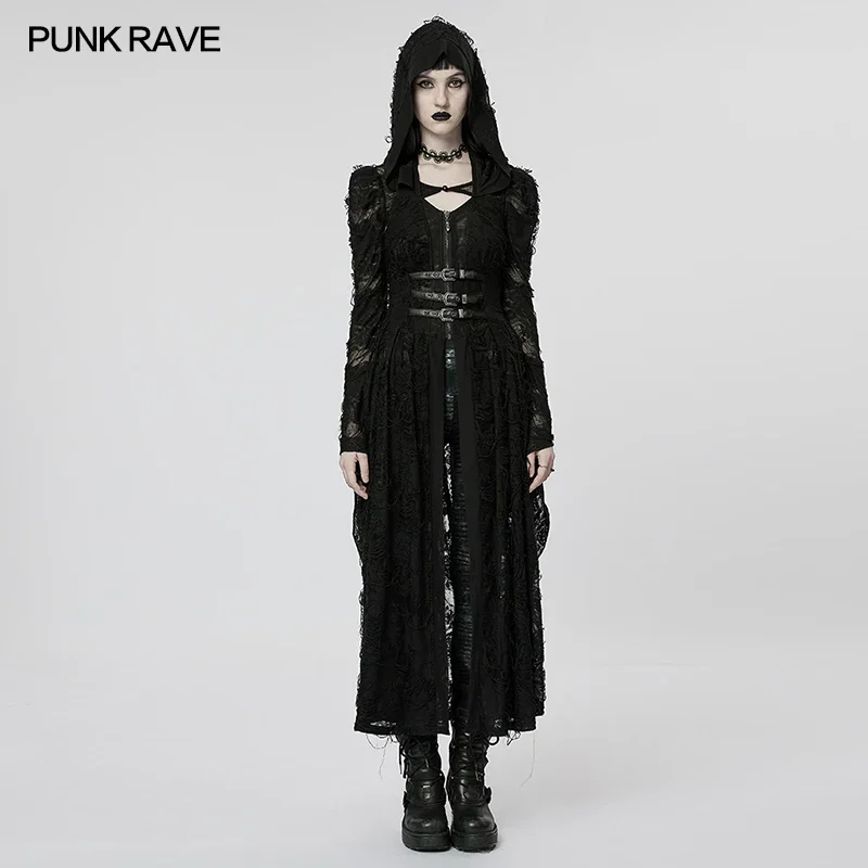 

PUNK RAVE Women's Dark Gothic Rose Pattern Knitted Coat Independent Two-piece Design Long Dress Mysterious Personality Jacket