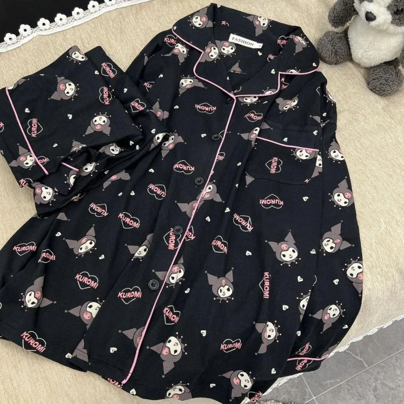 Kawaii Sanrios Kuromi zestawy piżam wiosenny i jesienny bawełniana piżama z kreskówek dla kobiet ładny zestaw odzież domowa na co dzień