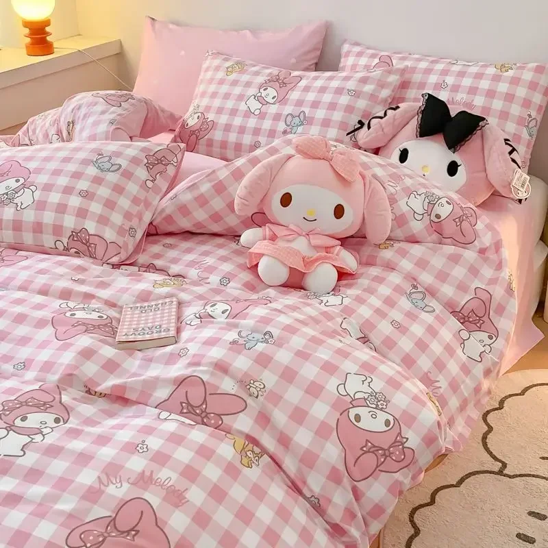 

New sanrio pink grid My melody anime cartoon cotton children's bed sheet three-piece set girl's heart quilt cover four-piece set