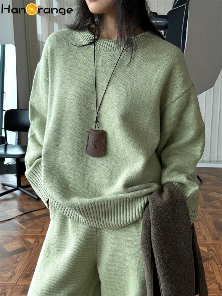 HanOrange 2024 Winter Lazy Relaxing Wool Sweater Women Loose Soft Sticky Skin Friendly Knitting Top Dark Gray/Light Green