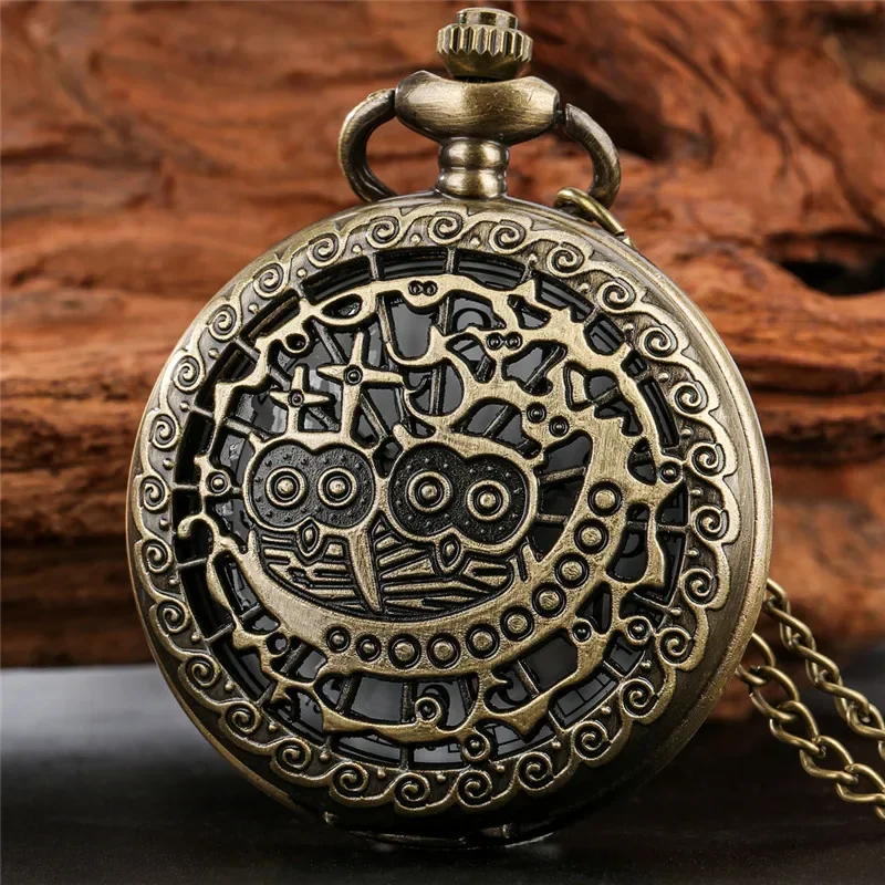 

Old Fashion Hollow Out Cover Two Night Owls Pattern Men Women Antique Quartz Analog Pocket Watch Sweater Pendant Chain Gift