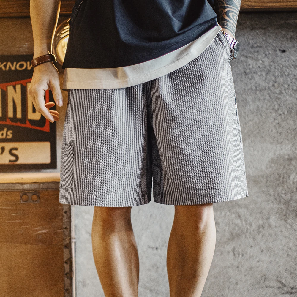 Maden Casual Seersucker Checked Shorts Men's Summer Breathable Office Shorts Elastic Waist Pants Straight Leg Comfortable Bottom