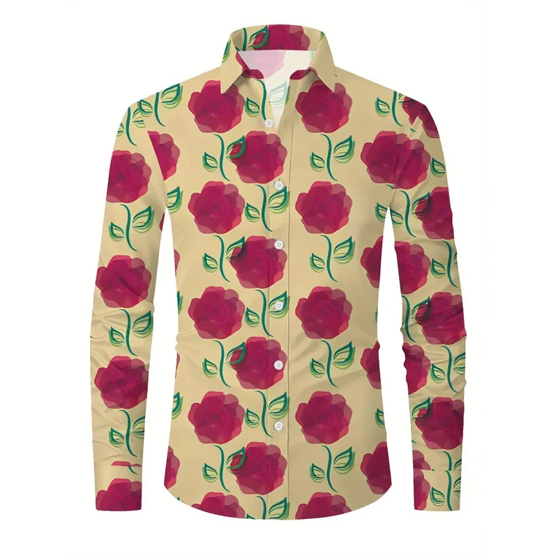 

Men'S Stylish Long Sleeve Print Button-Up Shirt - Vibrant Floral & Geometric Design, Regular Fit, Casual Yet Elegant