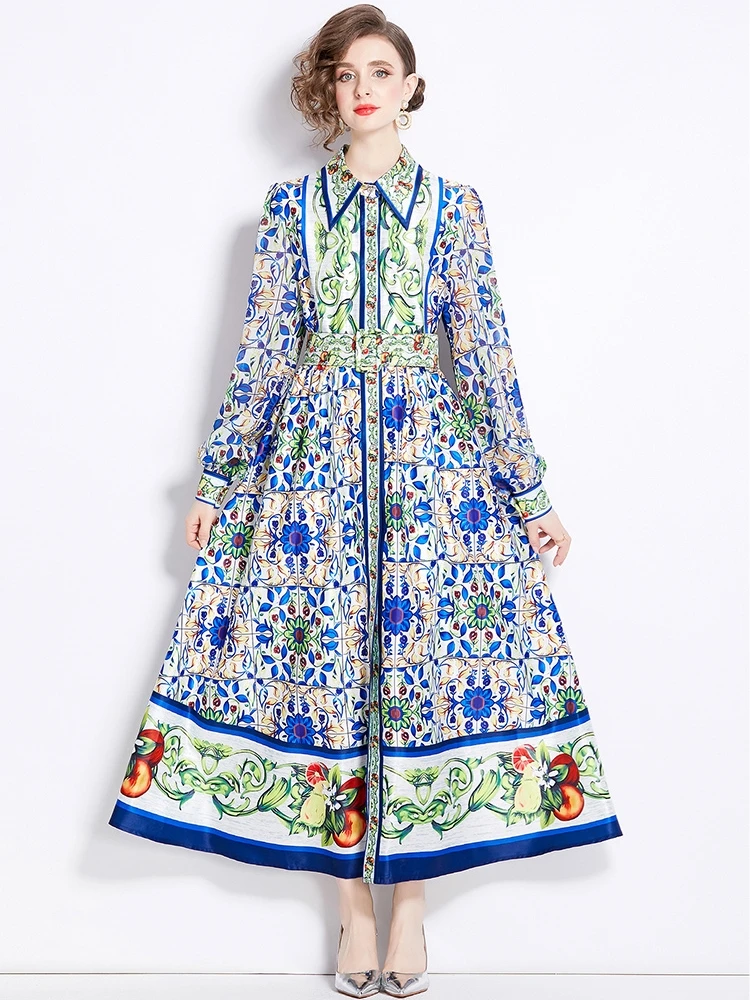 Spring Summer Runway Lantern Sleeve Single-Breasted Loose A-Line Dress Women Blue And White Porcelain Print Belt Party Robe Ves