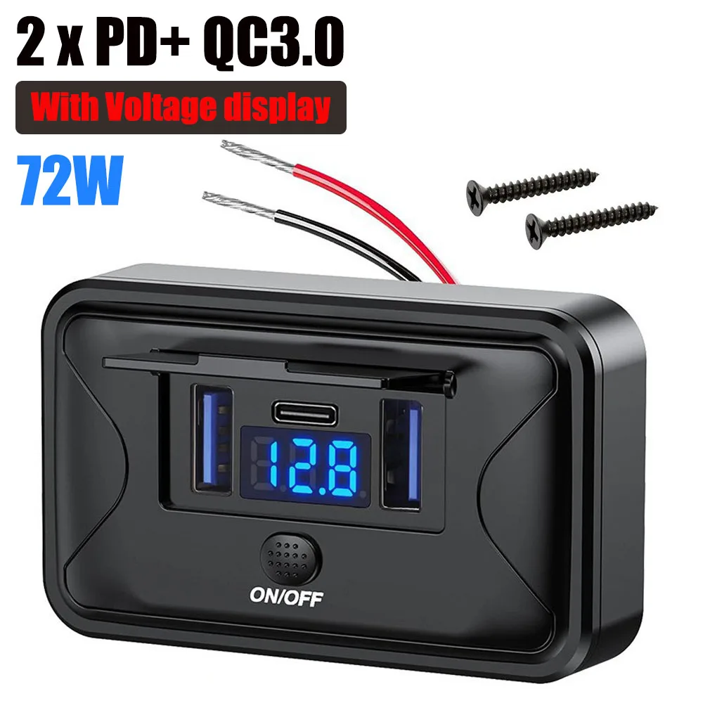 

2025 72 Вт Quick Charge 3.0 PD USB 3-портовое зарядное устройство RV USB со светодиодным вольтметром Зарядное устройство Адаптер 12 В 24 В USB-розетка