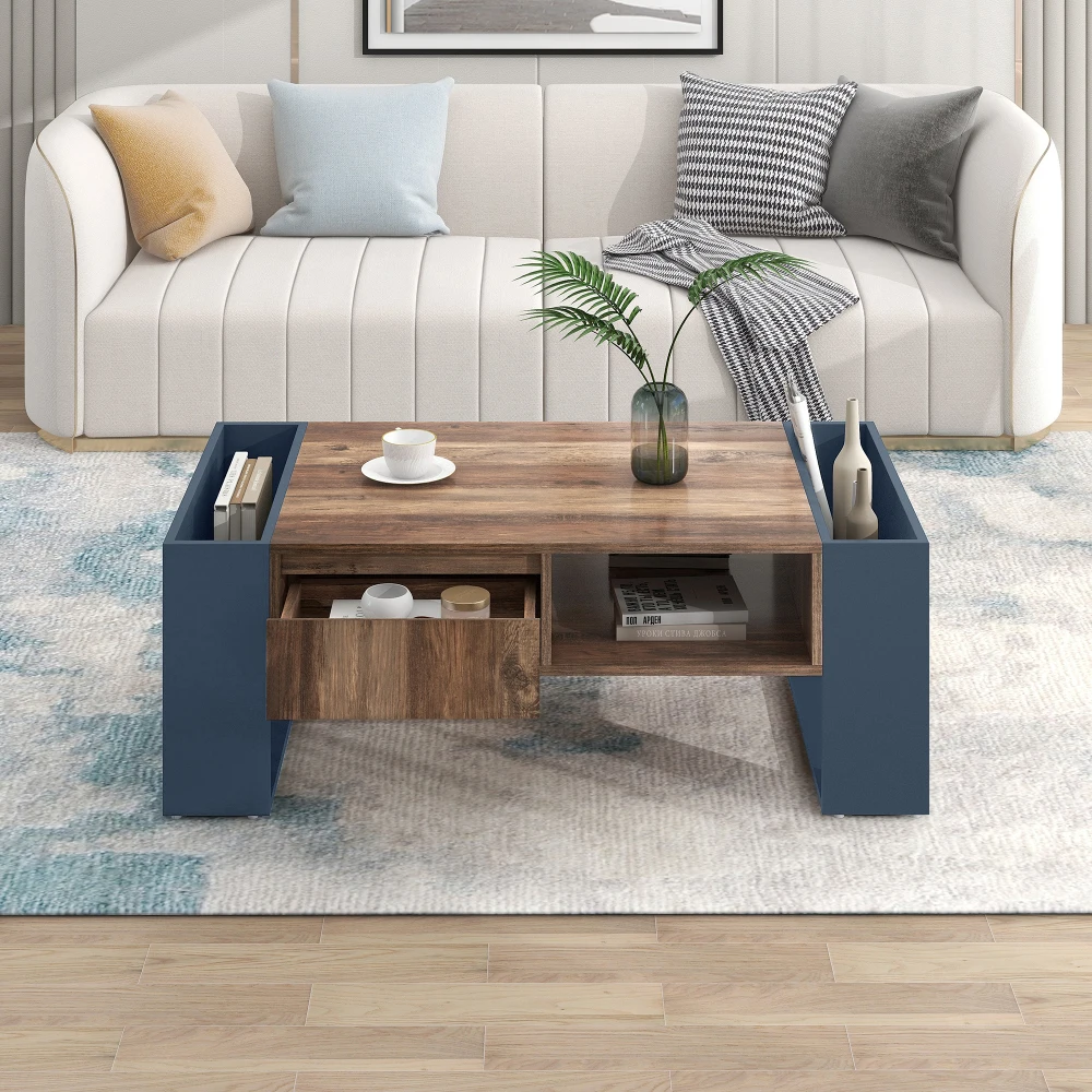 PINGGO Holz-Couchtisch Anthrazit Grifflose Schublade Doppelseitiges Staubdichtes Fach Großer Stauraum für Wohnzimmer – Detail 1