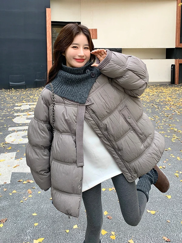 니트 스탠드 칼라 브레드 슬레 다운 자켓 여성용 오트 써 따뜻한 아우터웨어 캐주얼 루즈핏 화이트 듀 다운 충전재