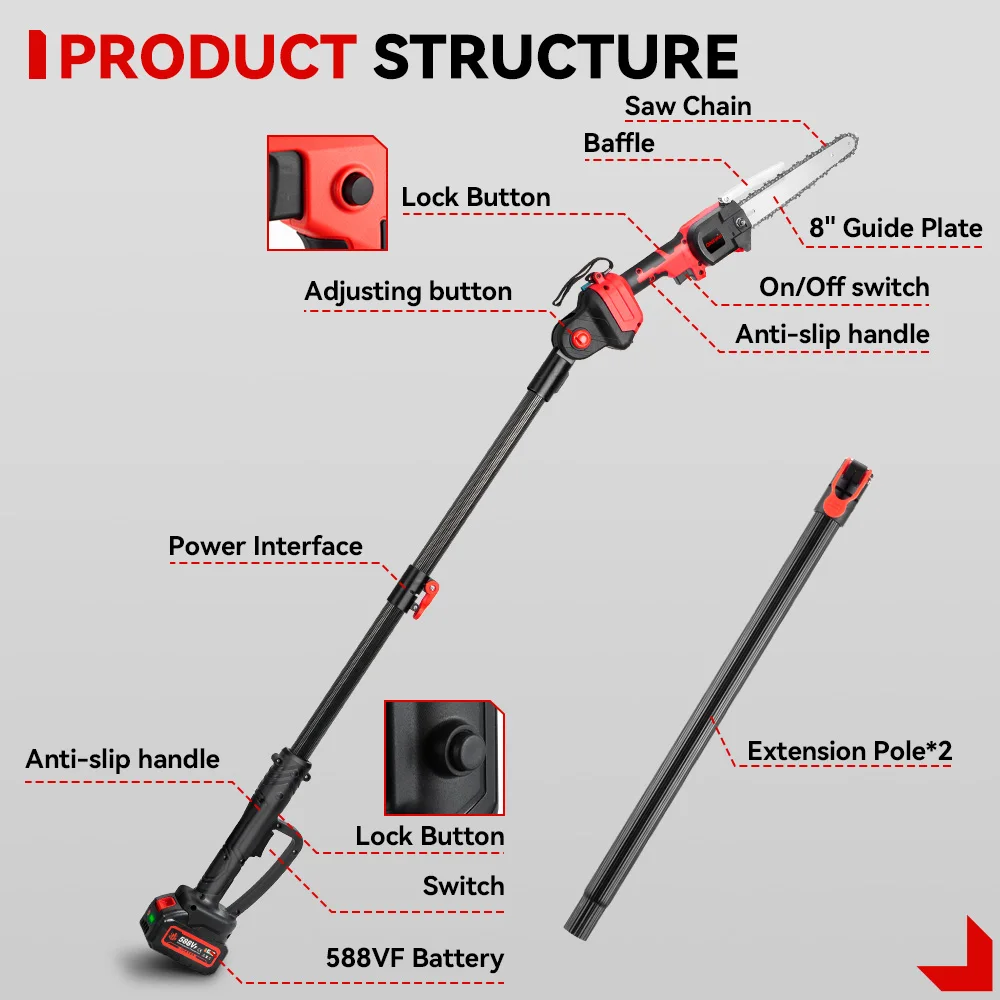 Brushless Serra Elétrica com Telescópica Polo, Serra de Poda, Ramo Alto, Altura Escalável, Ferramenta Elétrica para Makita, Bateria 18V, 8in