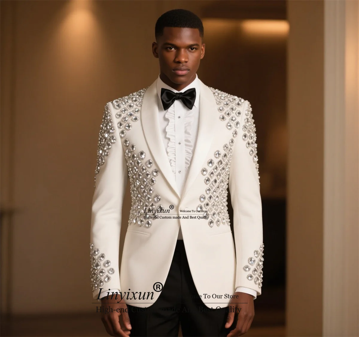 

Glitter Jewelry Ornament Tuxedo Men Suit Customized Slim Fit Wedding Groom Blazers 2 Pieces Sets High End rajes para hombre