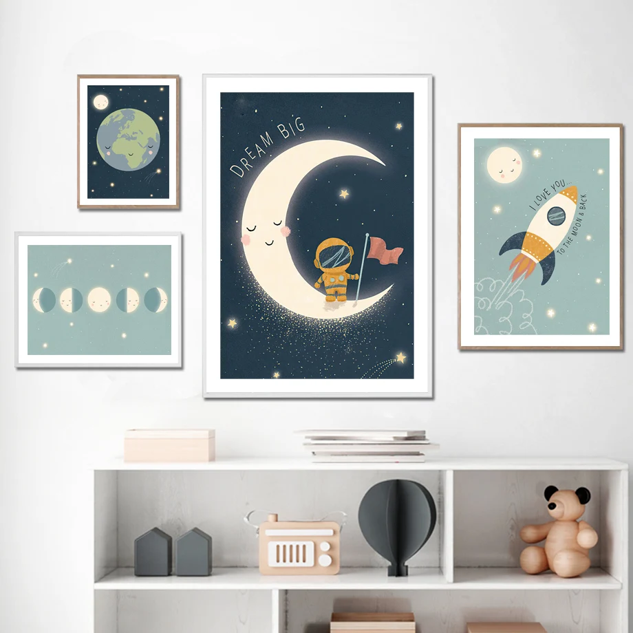 Moon Phase Universe Cartoon Planet Star Rocket Astronaut Nordic Posters And Prints Canvas Painting Wall Pictures Kids Room Decor