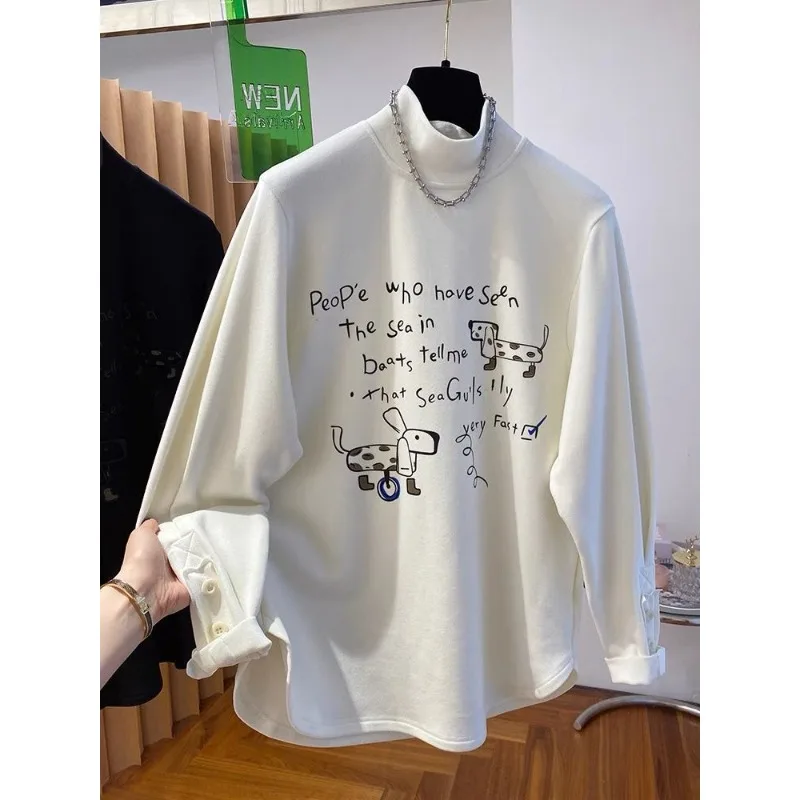 

German Velvet Bottoming Shirt for Women in Autumn Winter New Loose Stand-up Collar Half Turtleneck Long-sleeved T-shirt Top