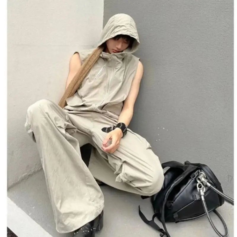 Summer Sleeveless Set Men Women Multi-Pocket Hooded Vest +jogging Cargo Pant Spring Loose Casual Zipper Two Piece Suit Street