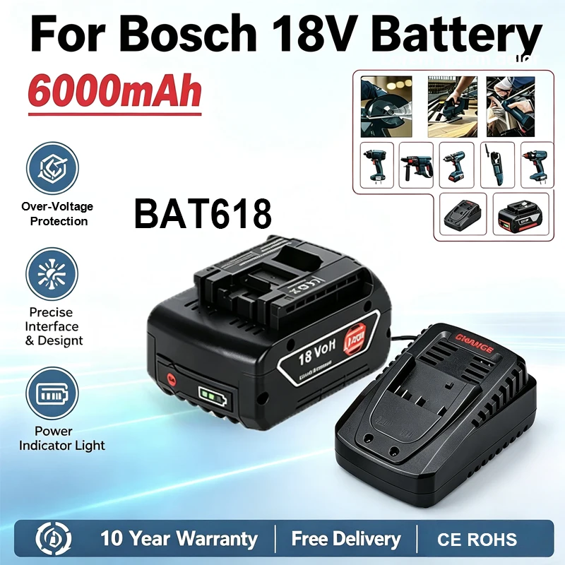 18V 6,0mAh Ersatzakku für Bosch BAT618 Lithium-Ionen, kompatibel mit BAT619 BAT620 Professional GBA GSR GSB BAT609 Elektrowerkzeug-Akkus