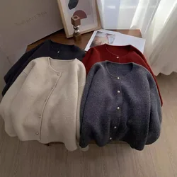 Gold Button Knit Cardigan Women's Autumn Winter Crop Loose Slim Round Neck Long Sleeve Sweater