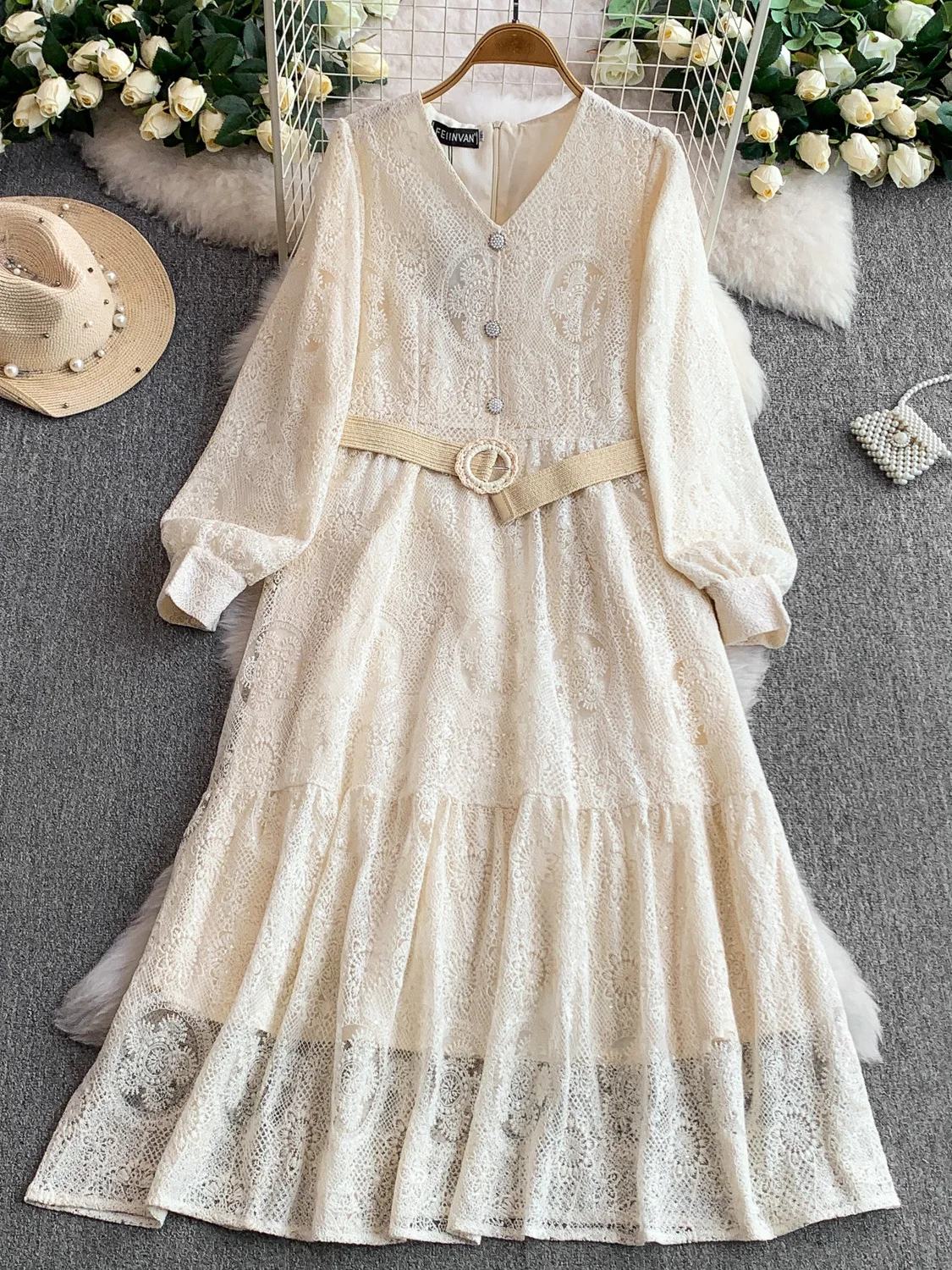 Ele V-ne Geborduurde Lange Dr Dames Lente Herfst Knop Tie Taille Afslankjurk Franse Sle Pailletten Hoge Taille