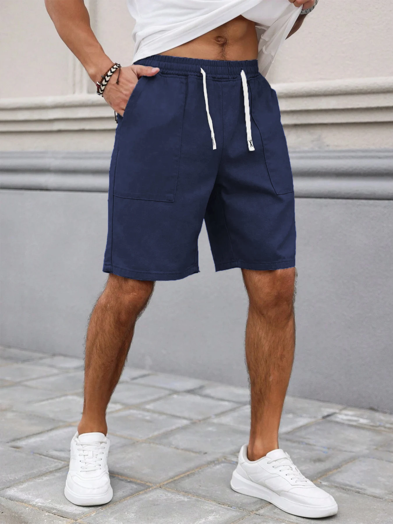 Sommer Herren Retro Amerikanischer Stil Shorts mit Kordelzug Lässige Hosen Einfarbig Trendige Mittellange Herrenshorts – Detail 14