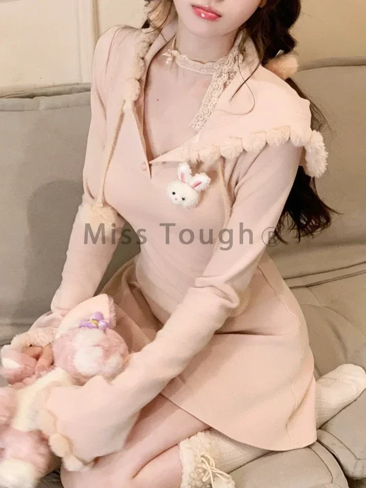 2024 Autumn Winter New Sweet Mini Dress Women Kawaii Design Knitted Long Sleeve Hooded Dresses Y2k Pink Casual One Piece Drress