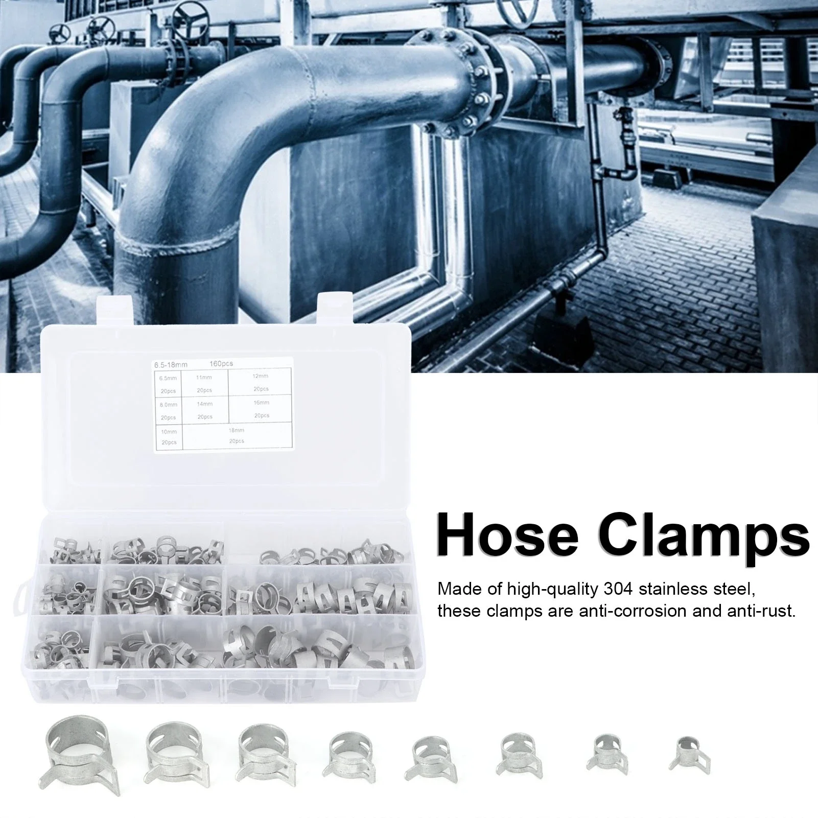 

160Pcs Hose Clamps Silver 304 Stainless Steel Spring Clip for Fuel Diesel Petrol Pipe