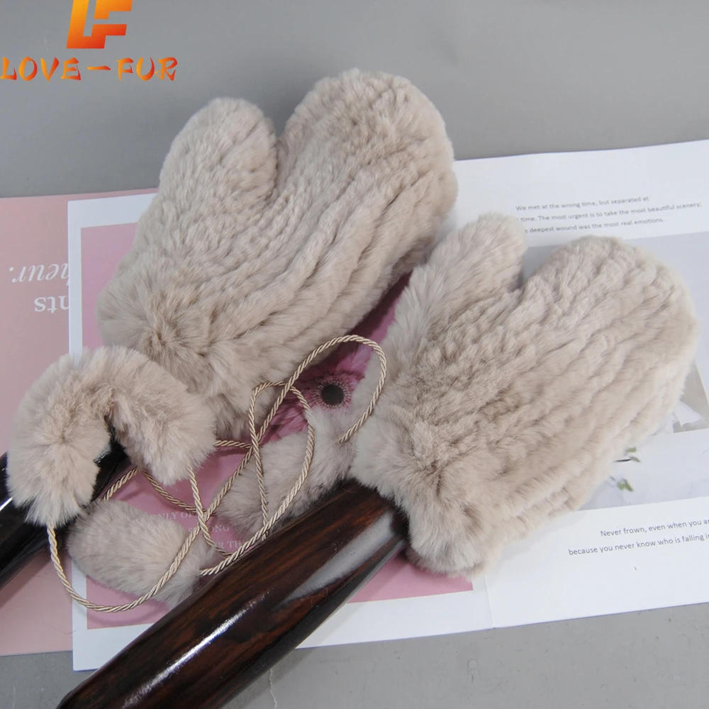 New Knitted Real Fur Women Mittens Women Elastic Handmade Knit Real Rex Rabbit Fur Gloves Winter Natural Rex Rabbit Fur Glove