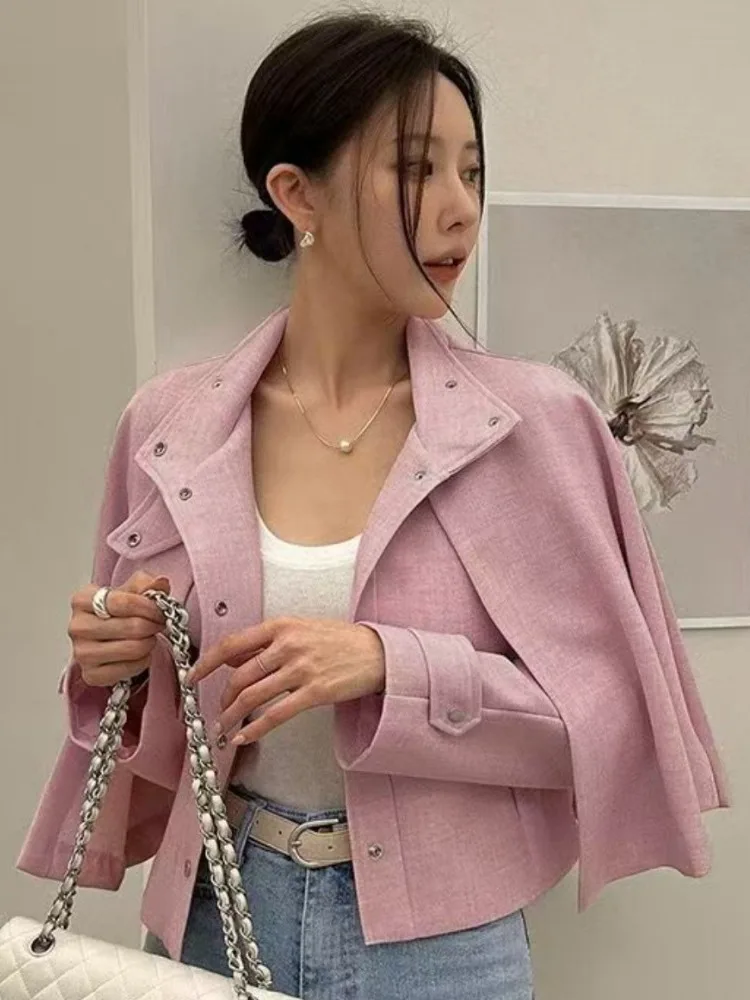 

Ele Pure Color ort Coat Design Sensation Stand Collar Cowl Ne Windbreaker Jaet for Women Spring Autumn New Arrival