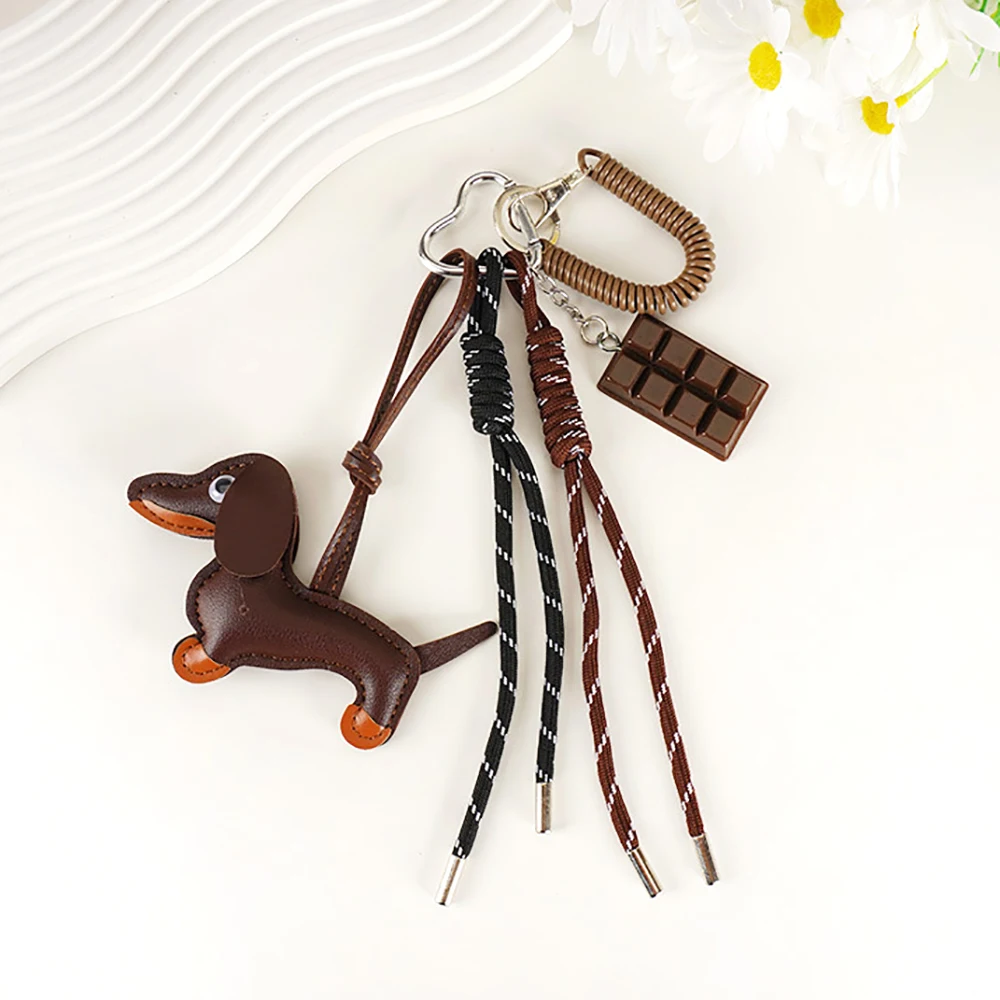 Trendy Gift Cute Sausage Dog Keychain Leather Woven Rope Anti-Lost Luggage Tag Car Bag Charm Men Women Fashion Accessories Gifts