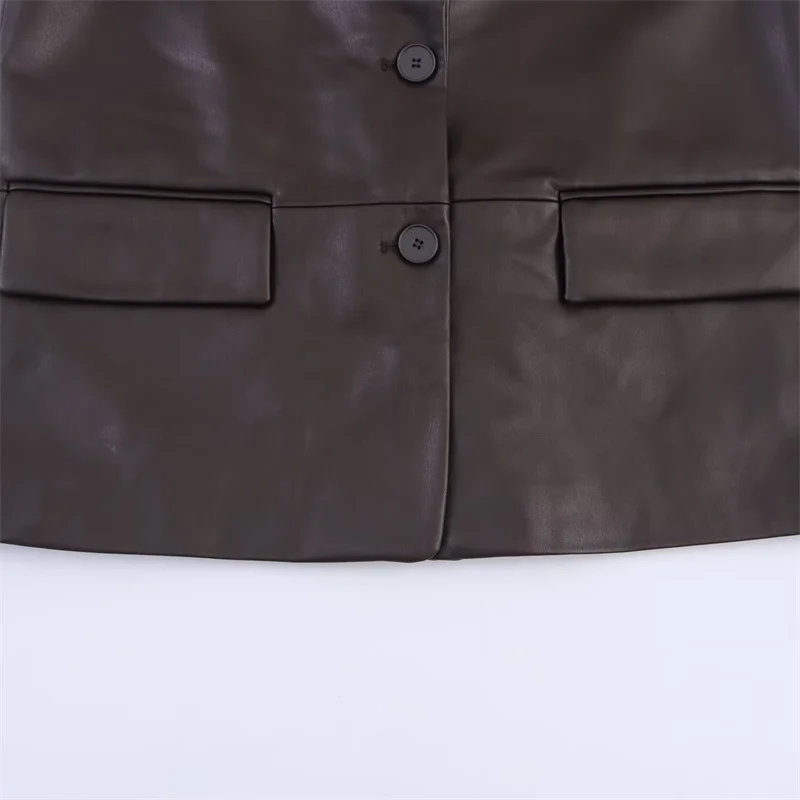 سترة نسائية خريف جديد 2025 بني داكن كم طويل جلد صناعي سترة فضفاضة مستقيمة شخصية عصرية متعددة الاستخدامات #5