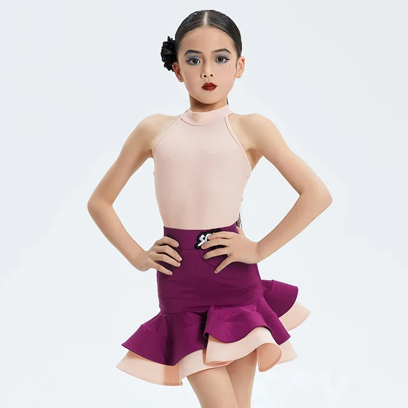 

Kids Girls Latin Dance Sleeveless Bodysuit and Fishbone Skirt Suits Ballroom Rumba Dancewear Training Performance Costume