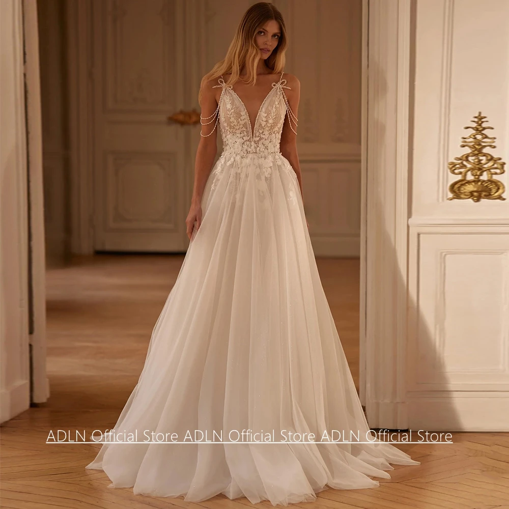 Customized Sexy Wedding Dress Robe De Mariage Spaghetti Straps V Neck Pearls Applique Flowers See Through Bridal Gown