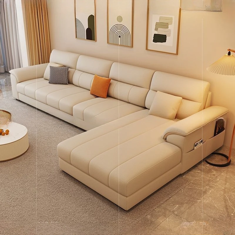 

Modern simple cat scratching leather sofa, small household living room L-shaped cream style