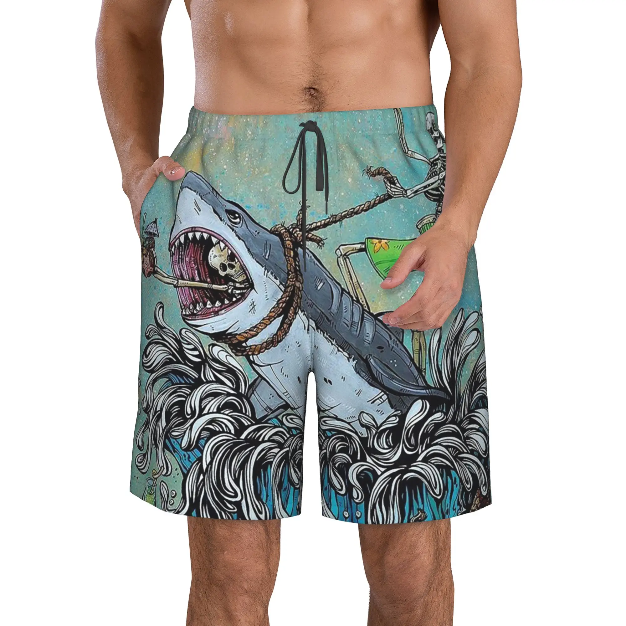 skeleton Shark Surfing Board Surfing Trunks Beach Board Shorts Casual Quick Dry Swim Summer Men Pants