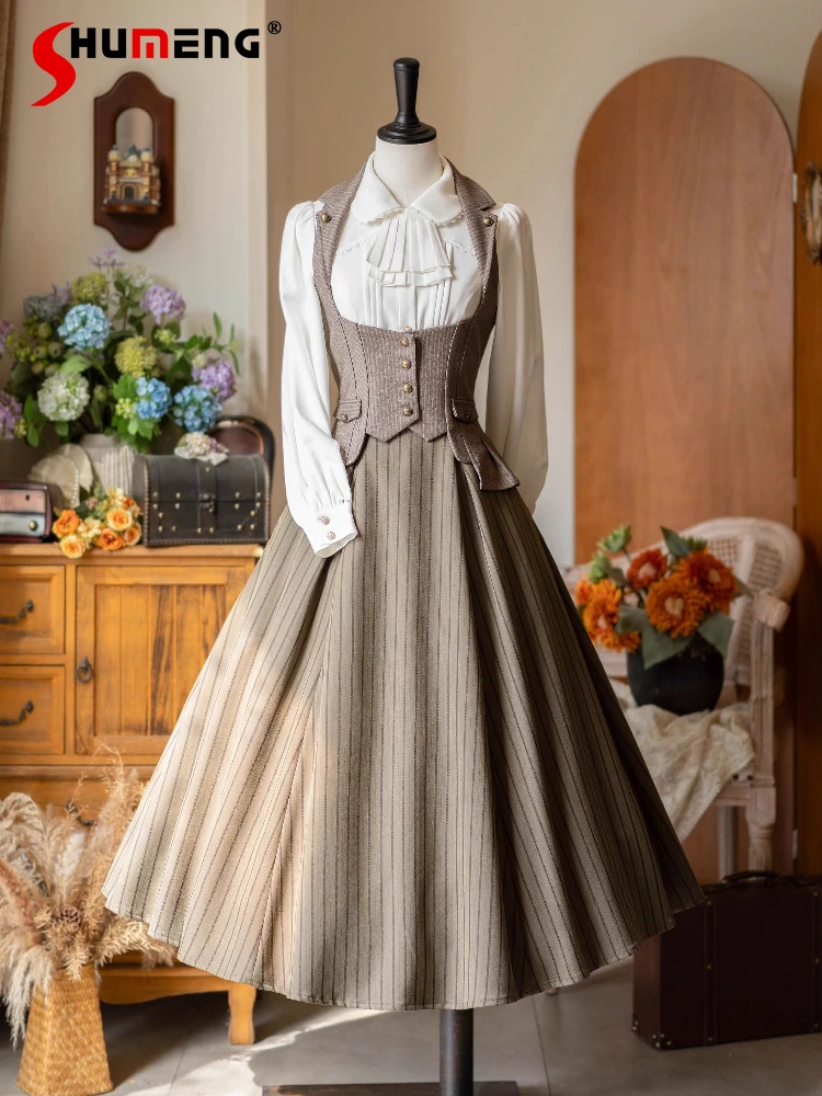 

Оригинальная винтажная полосатая юбка Cla Lolita, весна и осень, новинка 2025 года, женская тонкая рубашка в стиле Лолиты с длинными рукавами, юбка, жилет