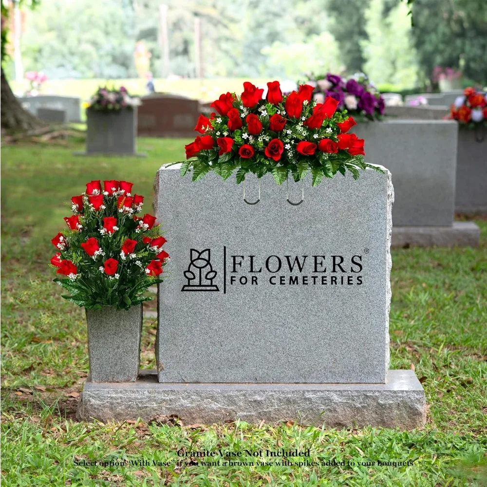 زهور المقبرة التذكارية الاصطناعية: مجموعة 30 وردة حمراء روبي مع سرج وباقة مطابقة لتحية مقرمى المحاربين القدامى