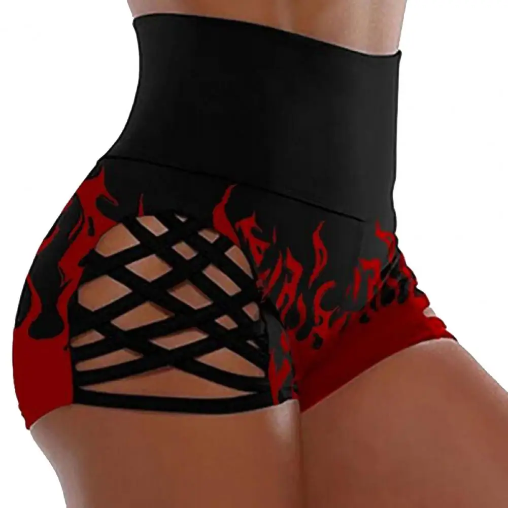 Yoga Shorts Hollow Out Wide Elastic Waistband Hip Lifting Tight Shorts Leopard Print High-Waist Sweatpants Gym Clothing