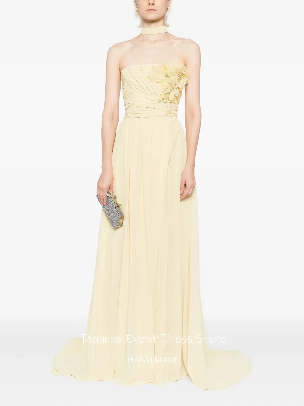Dianruo رشيقة ثلاثية الأبعاد الزهور فستان سهرة بدون حمالات ألف خط فساتين الشيفون للنساء أشرطة Ruched فساتين حفلات 2025 مخصص
