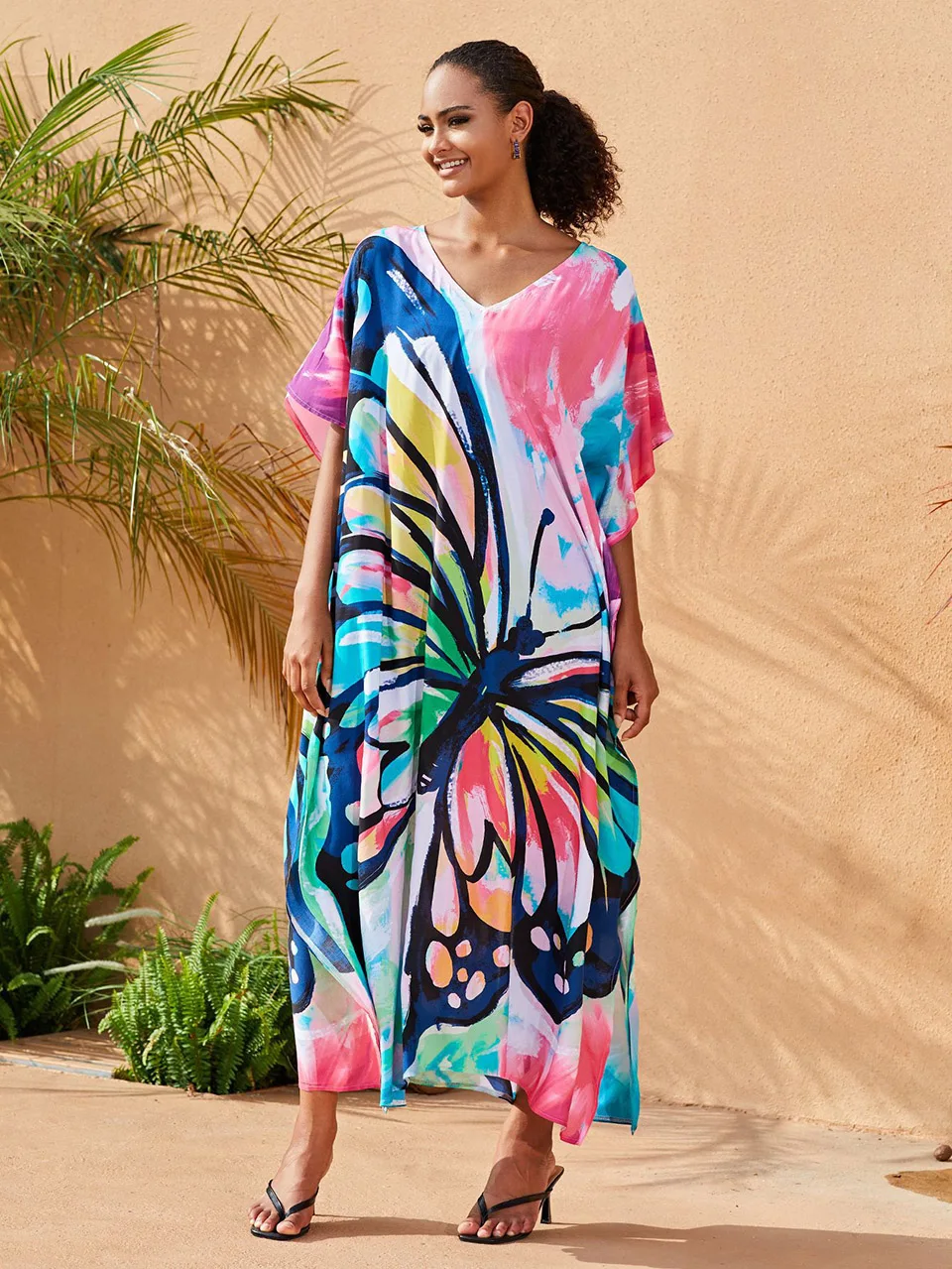 Fashion Butterfly Print Long Dresses Kaftan Women Swimwear Cover Up Beach Outfits 2023 Summer Vacation Maxi Dress Loose Robe