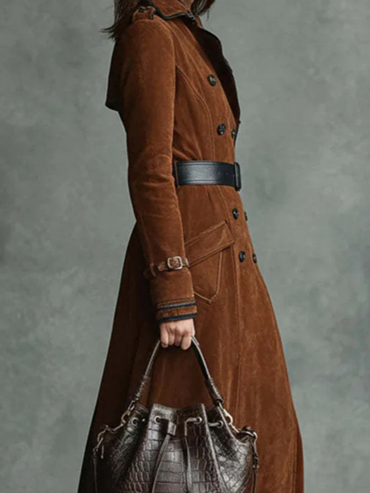 

Модные однотонные бархатные куртки с карманами и высокой талией, женские повседневные замшевые пальто с длинными рукавами, элегантный воротник с лацканами и пуговицами, длинная ветровка